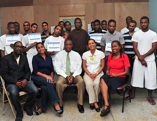 (L-R) Animation Trainer Grant Samerson, Director of Animae Caribe, Camille Abrahams Selvon, Superintendant of YTC Ferdinand Biby, Deputy Programme Manager, Culture at the CARICOM Secretariat, Riane de Haas-Bledoeg, and Denyse Gonzales of the NALIS Li