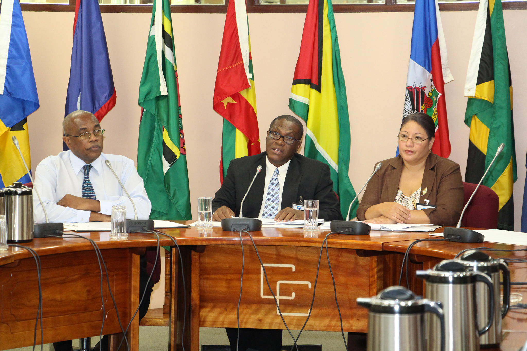 Head of the CARICOM Electoral Observer Mission, Mr. Earl Anthony Simpson of Jamaica (centre) and Ms. Josephine Amelita Tamai of Belize, Deputy Chief of Mission (right) at a Press Conference moderated by Mr. Kendol Morgan Programme Manager, Communicat