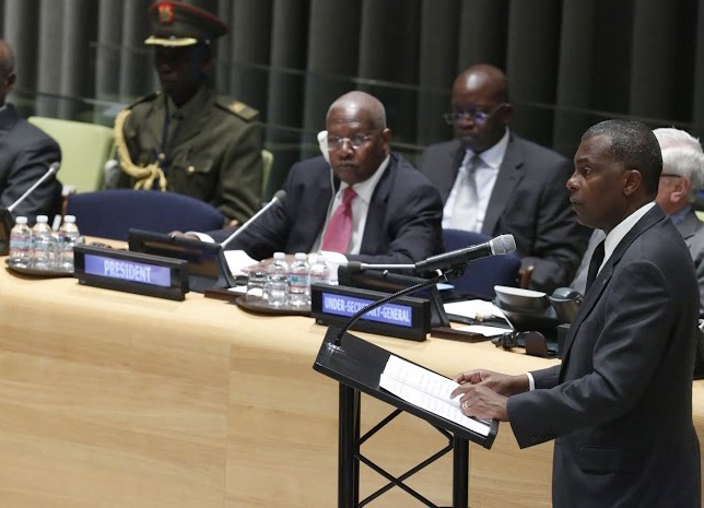 Bahamas Minister of Foreign Affairs and Immigration Fred Mitchell is pictured at the podium (at right) as he addressed the United Nations in New York on behalf of the Caribbean Community (CARICOM) on Monday, May 4, 2015. He was filling in for Bahamas