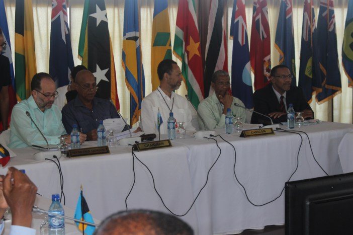 Head Table for Plenary: (l-r) CARICOM Secretary-General Ambassador Irwin LaRocque; CARICOM Chairman and Prime Minister of Belize Hon. Dean Barrow; Assistant Secretary-General, Foreign and Community Relations, CARICOM Secretariat Ambassador Colin Gran