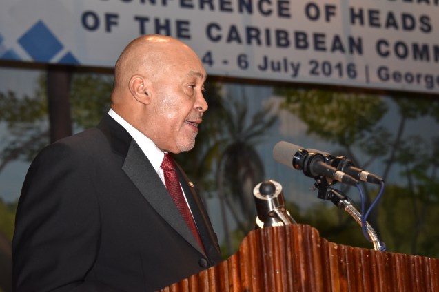 President of Suriname H. E. Desi Bouterse speaking at opening ceremony for the 37th Conference of the CARICOM Heads of Government on Monday (Photo credit GINA)