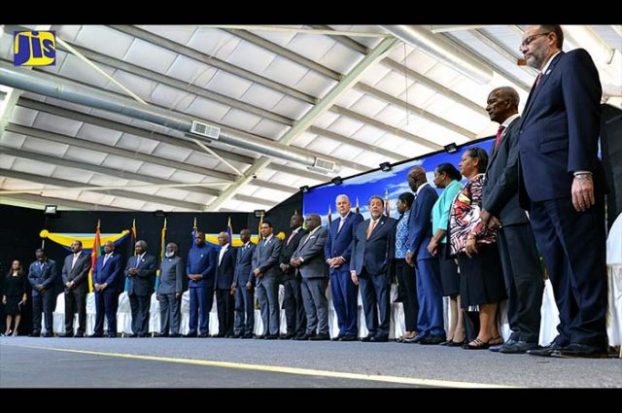 Prime Minister, the Most Hon. Andrew Holness (10th left) and other regional leaders at the opening ceremony of the 38th Regular Meeting of Heads of Government of CARICOM at the Grenada Trade Centre, Grand Anse, St. George&rsquo;s, on July 4. (Photo v