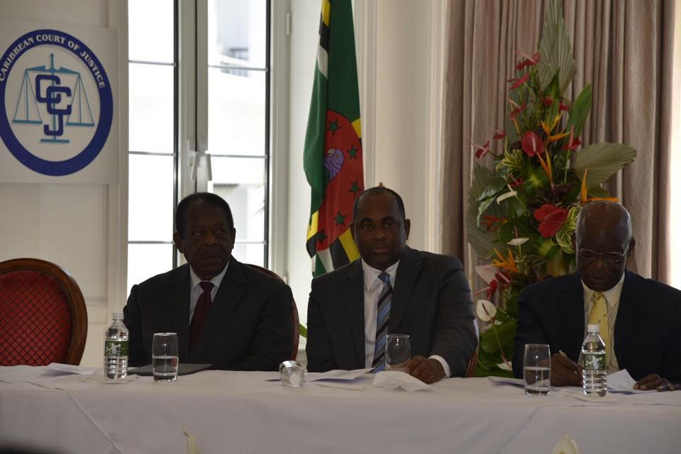 From left, President of the CCJ Sir Denis Byron, Prime Minister of Dominica Hon. Roosevelt Skerrit, Constitutional Law expert and Feature Speaker Dr. Francis Alexis