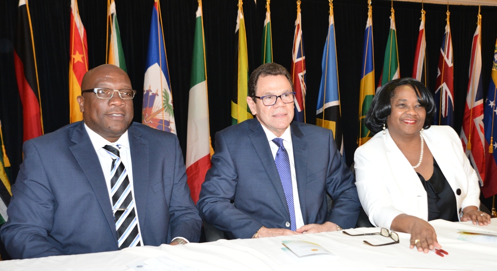 PHOTO: (From left) Prime Minister of St. Kitts and Nevis and Chairman of CDB Dr. the Honourable Timothy Harris, President of CDB Dr. Warren Smith and Vice President of Corporate Services and CDB Secretary Mrs. Yvette Lemonias Seale (Photo via St Kitt