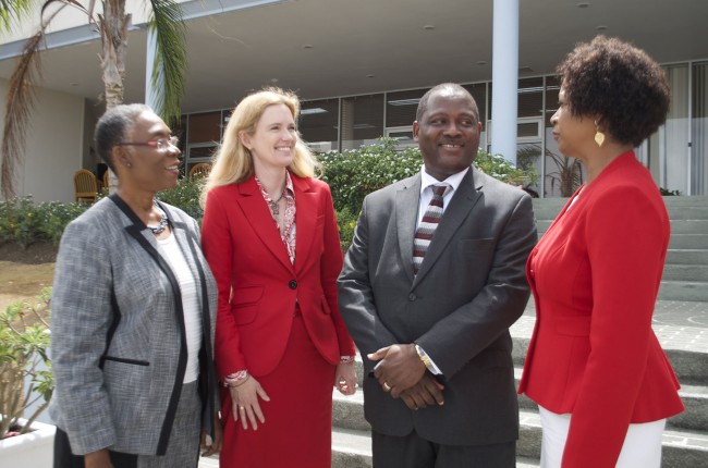 CAPTION: Hon. Donville Inniss, Minister of Industry, International Business, Commerce and Small Business with (L-R) Denise Noel-Debique, Gender Advisor, CDB; Meg Jones, Senior Millennium Development Goals, ITC and CDB&rsquo;s Officer-in-Charge of Pro
