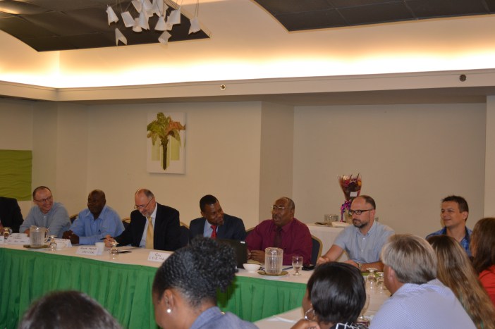Participants at the Disaster Risk Reduction Development Partners Meeting held at the Radisson Hotel, Barbados on April 7, 2016. CDEMA&rsquo;s Head, Ronald Jackson, is fourth from left.