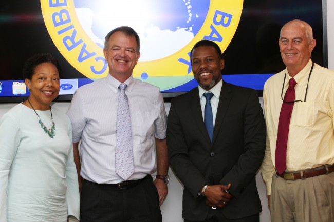 CDB&rsquo;s Vice-President (Operations), Patricia McKenzie shared some camera time with Steven Hillier (second left), Disaster Risk Reduction Adviser of the Department For International Development of the United Kingdom. Also in photo are Ronald Jac