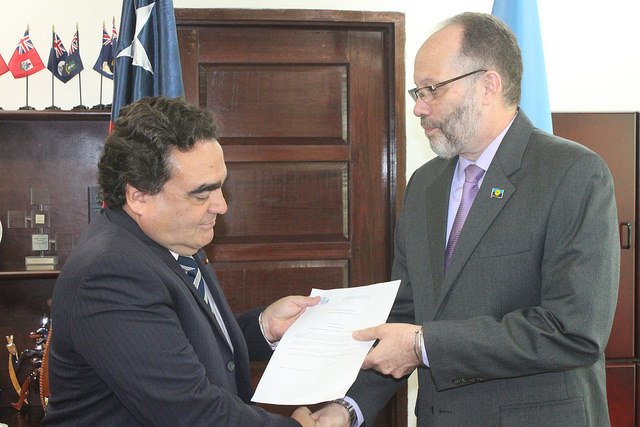 Chile’s Ambassador to the Caribbean Community (CARICOM), His Excellency Claudio Rojas (left) presents his credentials to CARICOM Secretary-General, Amb. Irwin LaRocque