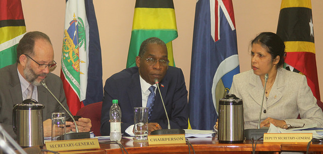 (l-r) Ambassador Irwin LaRocque; Foreign Minister of Haiti Antonio Rodrigue. Deputy Secretary-General Ambassador Manorma Soeknandan