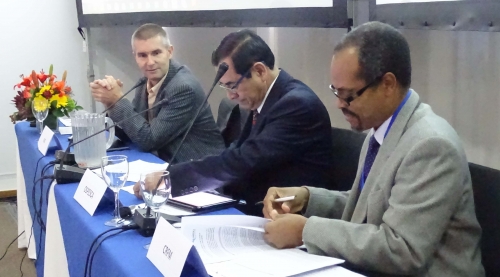 At the signing of the MOU, from left to right: Raymon van Anrooy, Secretary of WECAFC; Mario Gonz&aacute;lez Recinos, Executive Director of OSPESCA; and Milton Haughton, Executive Director of the CRFM (Photo via CRFM)