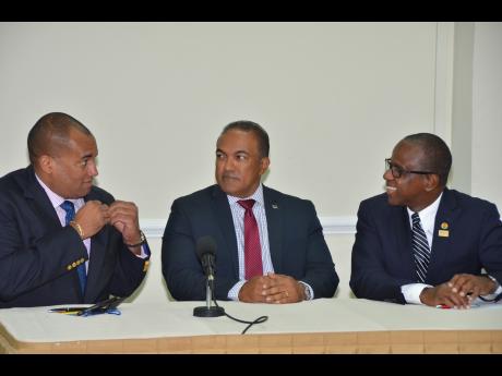 From left: Chairman of the Caribbean Tourism Organization (CTO), Richard Sealy; Curacao Minister of Economic Development, Stanley Palm and Executive Director of the CTO, Hugh Riley addressing media at a press conference at the SOTIC2015 at the World