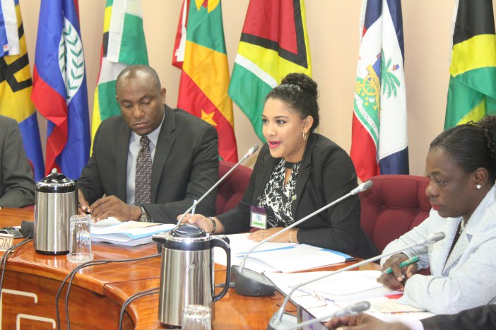 CARICOM Youth Ambassador (CYA) from Belize Ms. Tarun Butcher speaking as Vice Dean of the CYAs during the opening ceremony for the Twenty-Ninth Meeting of the Council for Human and Social Development (COHSOD). Sharing the moment are from left, Chairm