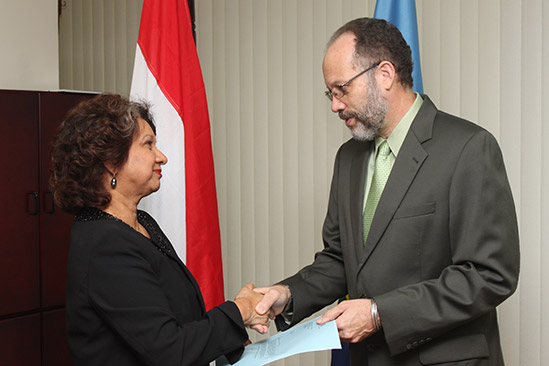 Secretary General of the Caribbean Community Ambassador Irwin LaRocque accepts the credentials of the first ever Ambassador to the Caribbean Community (CARICOM) from the Kingdom of the Netherlands Her Excellency Lucita MoenirAlam during a simple cere