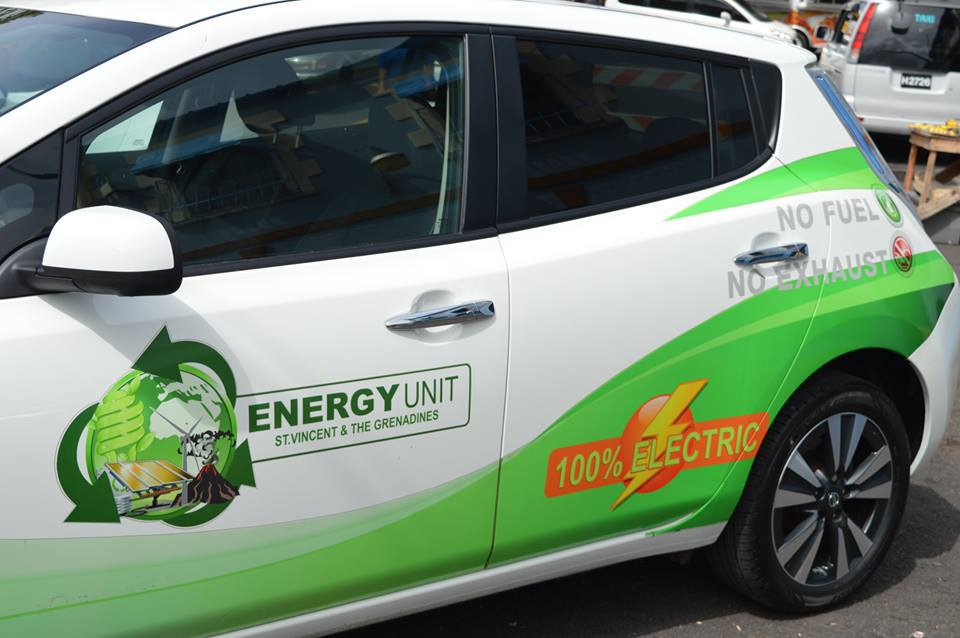A car powered by electricity on display in St Vincent and the Grenadines on Thursday