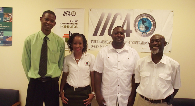 l-r National Specialist for the Inter-American Institute for Cooperation on Agriculture (IICA) Craig Thomas, Kishma Primus Almond of the Plant Protection Unit and Mario Beazer of Barbuda, along with Deputy Director of Agriculture Astley Joseph (OBSER