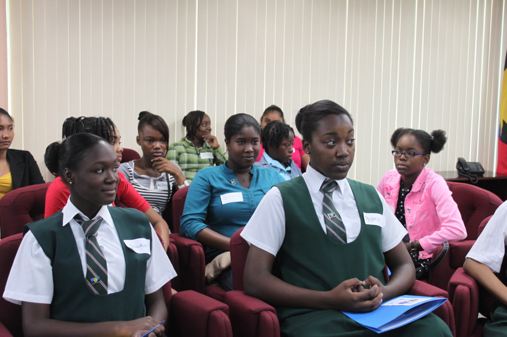 Students, teachers, CARICOM Deputy Secretary-General, Ambassador Manorma Soeknandan (front row, fourth from left) and other representatives of the CARICOM Secretariat in a group photo on Girls in ICT Day 2015 Thursday observances at the CARICOM Secre