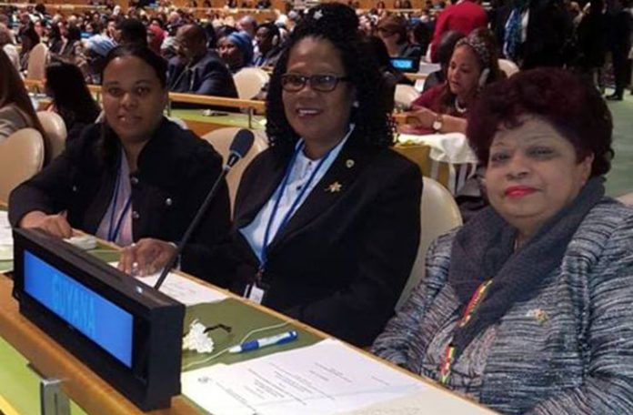 Guyana's delegation – (From right) Minister Amna Ally, Karen Vansluytman, Assistant Chief Labour Officer (ACLO) and ministerial adviser Alicia Reece. (Photo via Guyana Chronicle)