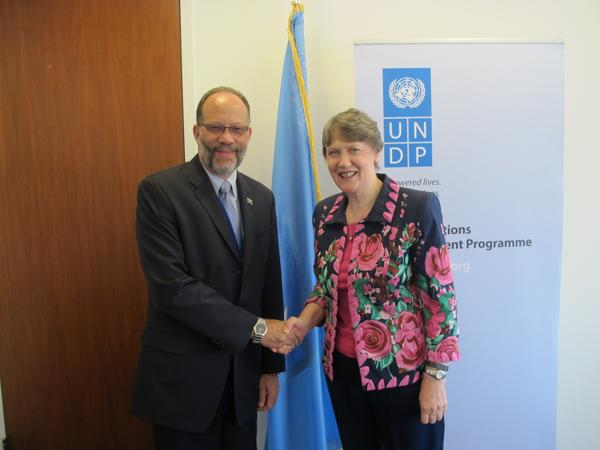 Caribbean Community (CARICOM) Secretary-General, Ambassador Irwin LaRocque (left) and Administrator of the United Nations Development Programme (UNDP) Ms. Helen Clarke.