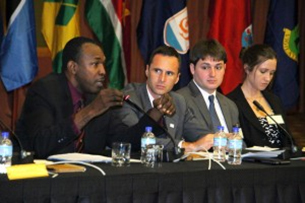 CARICOM Secretariat's Programme Manager, Energy, Joseph Williams with Worldwatch Institute Program Manager, Mark Konold and Research Associates, Evan Musolino and Katie Auth