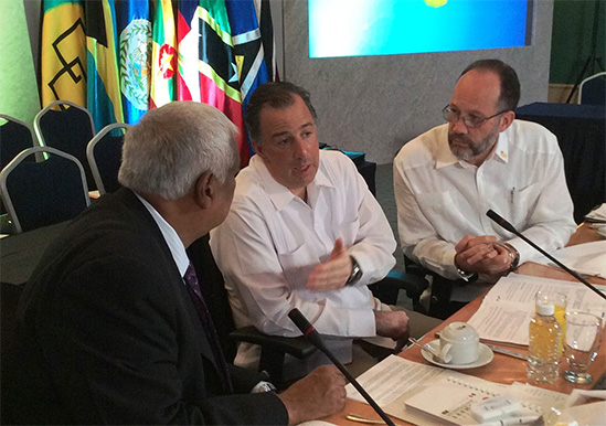 Secretary General of the Caribbean Community Ambassador Irwin LaRocque,  Mexican Foreign Minister Jose Antonio Meade and Trinidad Foreign Minister of Trinidad and Tobago and co-chair Honorable Winston Dookeran discuss the format for the morning'