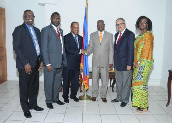 From Left: Mr Dereck Springer, Director PANCAP Coordinating Unit, Dr Yafflo Ouattara, UNAIDS Country Coordinator, Haiti, Dr Edward Greene, UN Special Envoy for HIV in the Caribbean, His Excellency Jocelerme Privert, President, Haiti, Dr Cesar Nunez,