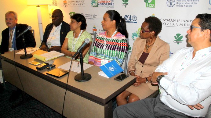 At a media briefing on Tuesday morning are, from left, Mr. Brian Crichlow, Acting Director, Department of Agriculture, Cayman Islands, Mr. Barton Clarke, Executive Director of CARDI, Ms. Nisa Surujbally, Programme Manager Agriculture and Industry, CA
