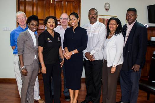 Minister of Culture Youth and Sport, Jamaica Hon. Lisa Hanna (center) photographed with representatives from the CARICOM Reparations Commission and Leigh Day law firm after a courtesy call on Monday.