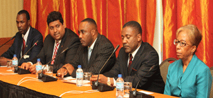 Post COTED Press Conference ( L-R): Joseph Williams (CARICOM Sec.); Sen. the Hon. Kevin Ramnarine (Trinidad &amp; Tobago); Hon. Rayburn Blackmoore (Dominica &amp; Chair COTED); Hon. Phillip Paulwell (Jamaica) and Sen. the Hon. Audrey Grant (Belize)