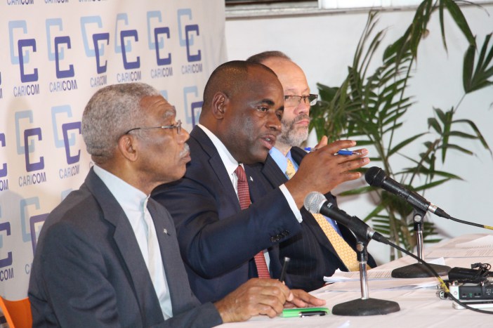 Chairman of the Community and Prime Minister of Dominica, the Hon. Roosevelt Skerrit, at the press conference at the end of the 37th CARICOM Heads of Government Meeting. Flanking the Chairman are, left co-host and President of Guyana His Excellency B