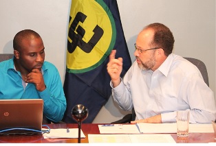 Ambassador Irwin La Rocque, CARICOM Secretary-General in discussion with Mr Dwayne Gutzmer, Dean of the CARICOM Youth Ambassador Corps during the video-streamed programme, LIVE with SG. CARICOM Secretariat. Greater Georgetown, Guyana.