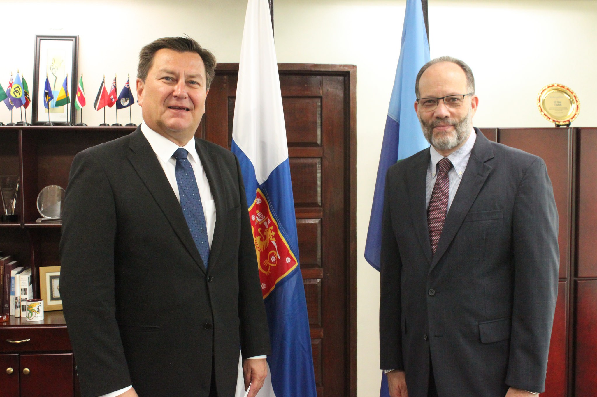 Finland’s Ambassador to CARICOM, His Excellency Jukka Pietikӓinen (left) and CARICOM Secretary-General, Ambassador Irwin LaRocque