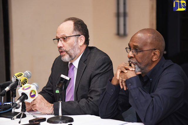CARICOM SG, Amb. Irwin LaRocque, (left), at the press conference at the Jamaica Pegasus in New Kingston, on Monday. Also pictured is Amb. LaRocque&rsquo;s Adviser, Leonard Robertson