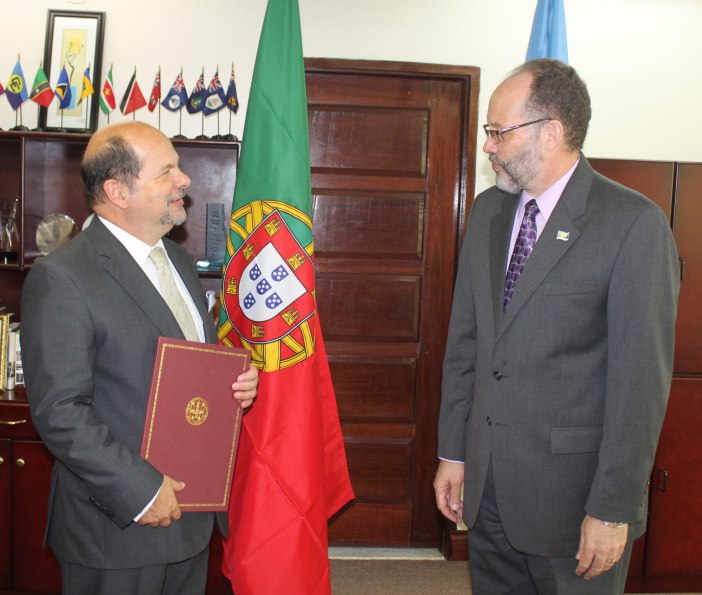 Ambassador of Portugal to CARICOM HE Fernando Teles Fazendeiro and CARICOM Secretary-General, AMbassador Irwin LaRocque during the accreditation ceremony on Friday 4 March, 2016.