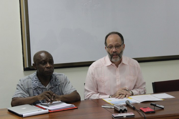CARICOM Secretary-General Ambassador Irwin LaRocque (r) makes a point at Saturday’s Media briefing while Guyana’s Foreign Minister Carl Greenidge looks on.