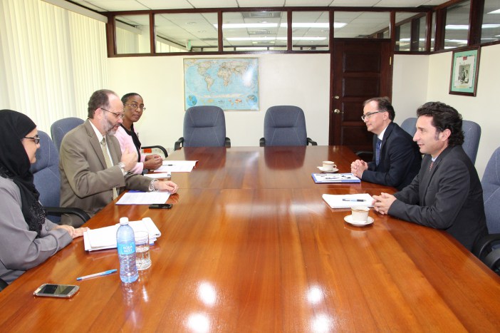 CARICOM Secretary-General Ambassador Irwin LaRocque (2nd left) makes a point during discussions with (from left) Safiya Ali, General Counsel, CARICOM Secretariat; Charmaine Atkinson-Jordan, Chef de Cabinet, CARICOM Secretariat; Cristophe Bernasconi,