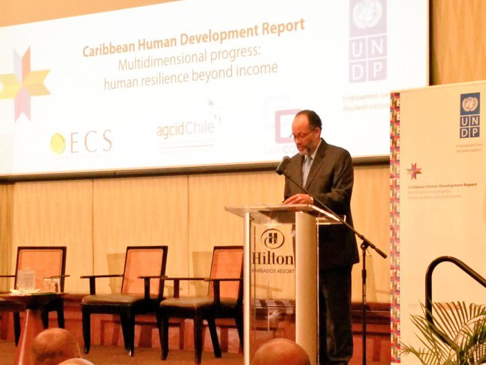 CARICOM Secretary-General Ambassador Irwin LaRocque addressing the Launch of the UNDP Caribbean Human Development Report in Barbados, Monday