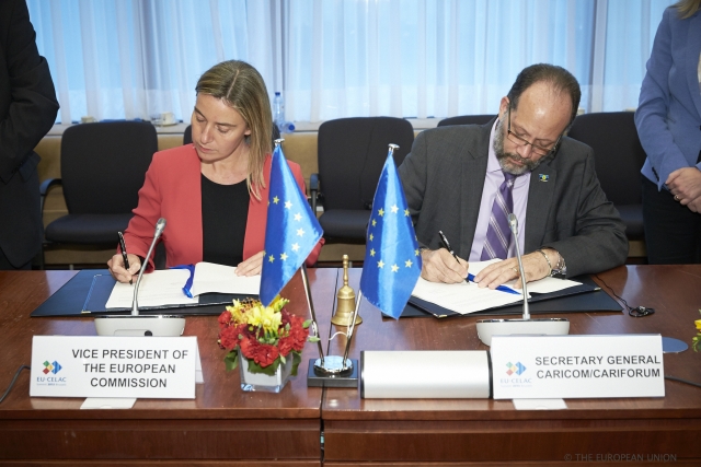 Ambassador Irwin LaRocque, in his capacity as CARIFORUM  Secretary-General, and Her Excellency Federica Mogherini, EU High Representative for Foreign Affairs and Security Policy signed the European Union&rsquo;s (EU) new regional funding programme fo