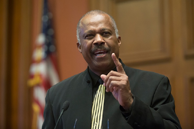 Chairman of the CARICOM Reparations Commission Sir Hilary Beckles delivering a lecture on reparations at the Harvard Law School. (Photo: Harvard)
