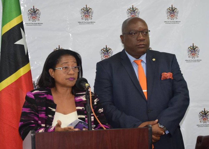 (Ag.) Chief Medical Officer, Dr. Hazel Laws alongside Prime Minister, Dr. the Honourable Timothy Harris at Wednesday’s Press Conference.(Photo via SKNIS)