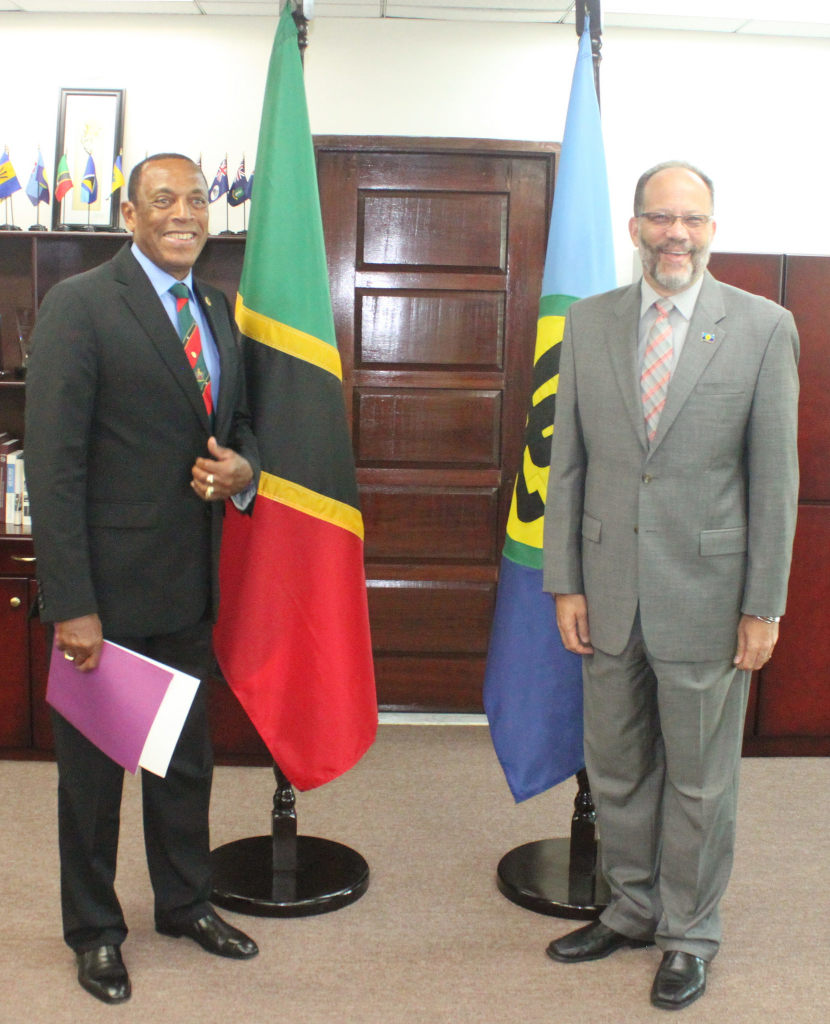 St. Kitts and Nevis Ambassador to the Caribbean Community (CARICOM), His Excellency Lionel Sydney Osborne, (left) and CARICOM Secretary-General, Ambassador Irwin LaRocque after the Credentials ceremony on Tuesday, 22 September 2015, at the CARICOM Se