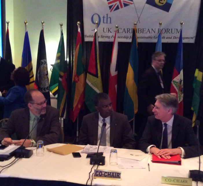 (From left: CARICOM Secretary-General Ambassador Irwin LaRocque; Hon. Fred Mitchell, Minister of Foreign Affairs of The Bahamas; Rt. Hon. Phillip Hammond, Foreign Secretary of the UK, prior to the start of the meeting on Saturday in Freeport, Bahamas