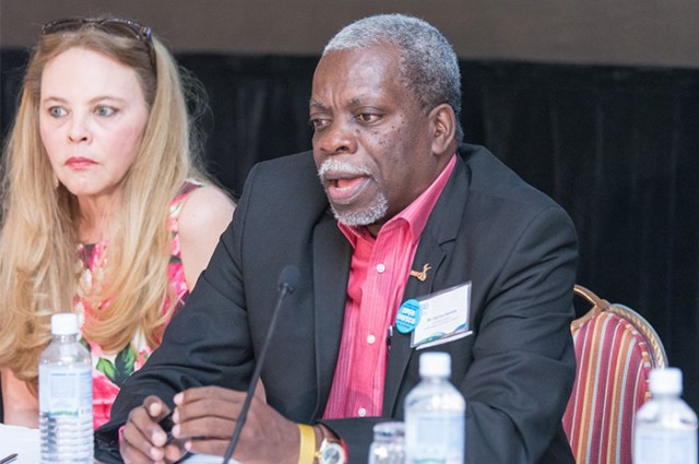 Director and Representative, United Nations Educational, Scientific and Cultural Organization (UNESCO) Cluster Office for the Caribbean, Katherine Grigsby (left), listens attentively to Everton Hannam, Secretary General, Jamaica National Commission f