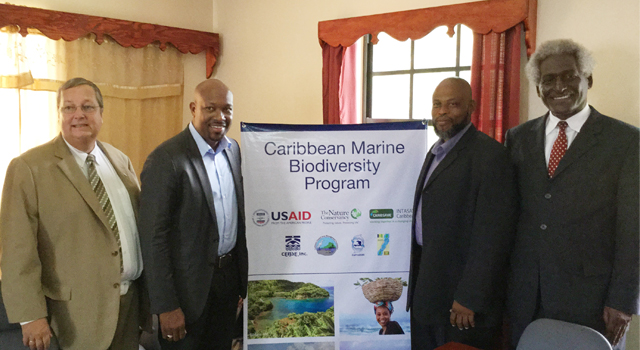 From left to right, Christopher Cushing, USAID Director; Saboto Caesar, St Vincent and the Grenadines&rsquo; Minister of Agriculture, Industry, Forestry, Fisheries, and Rural Transformation; Roland Bhola, Grenada&rsquo;s Minister for Agriculture, Lan
