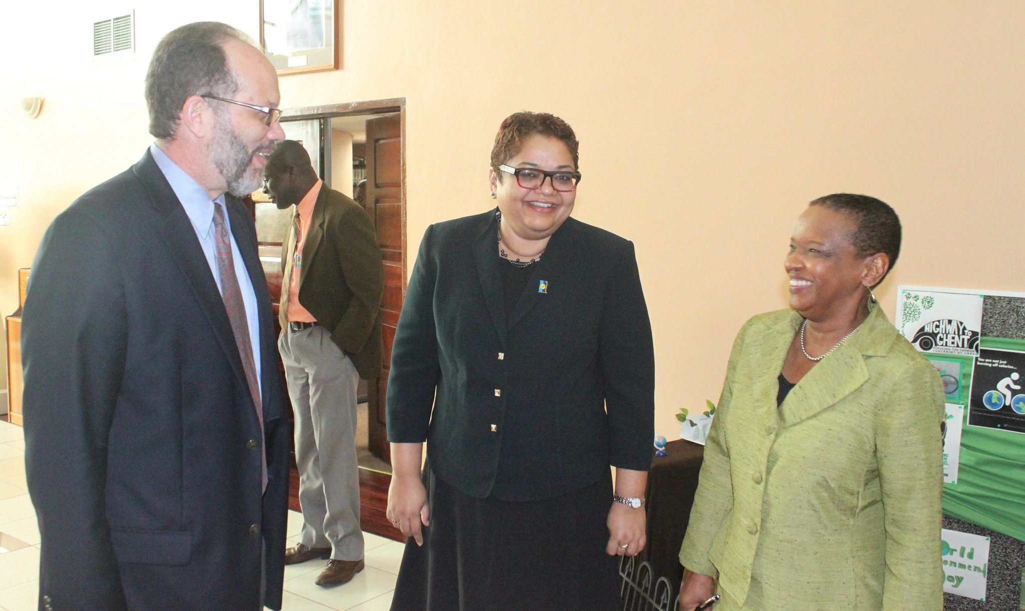 CARICOM Secretary-General, Ambassador Irwin LaRocque shares a light moment with Staff of Human and Social Development Directorate, Ms. Amrika Singh who coordinated the World Environment Day Presentation and Ms. Myrna Bernard.