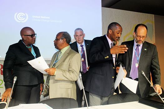 Exchanges ahead of the Ministerial session (from left) &ndash; Dr. Gale Rigobert, St. Lucia&rsquo;s Minister of Sustainable Development; Dr. Kenrick Leslie, Executive Director, Caribbean Community Climate Change Centre; Prime Minister Mr. Allen Chast