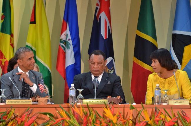 CARICOM-US Summit Head Table:  (l-r)  US President Barack Obama, CARICOM Chairman and Prime Minister of The Bahamas Rt. Hon. Perry Christie, Prime Minister of Jamaica The Most Hon. Portia Simpson-Miller