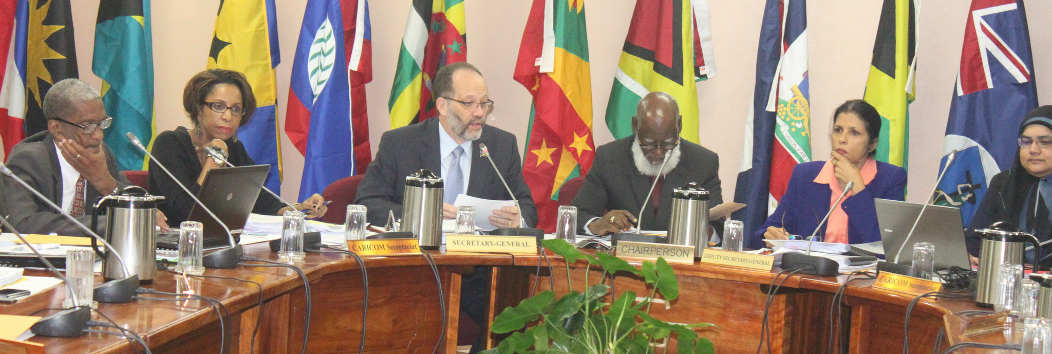 (l-r) Assistant Secretary-General Dr. Douglas Slater; Chef de Cabinet Ms Glenda Itiaba; CARICOM Secretary-General Ambassador Irwin LaRocque; Hon. Wilfred Elrington, Minister of Foreign Affairs, Belize and Chairman of the Community Council of Minister