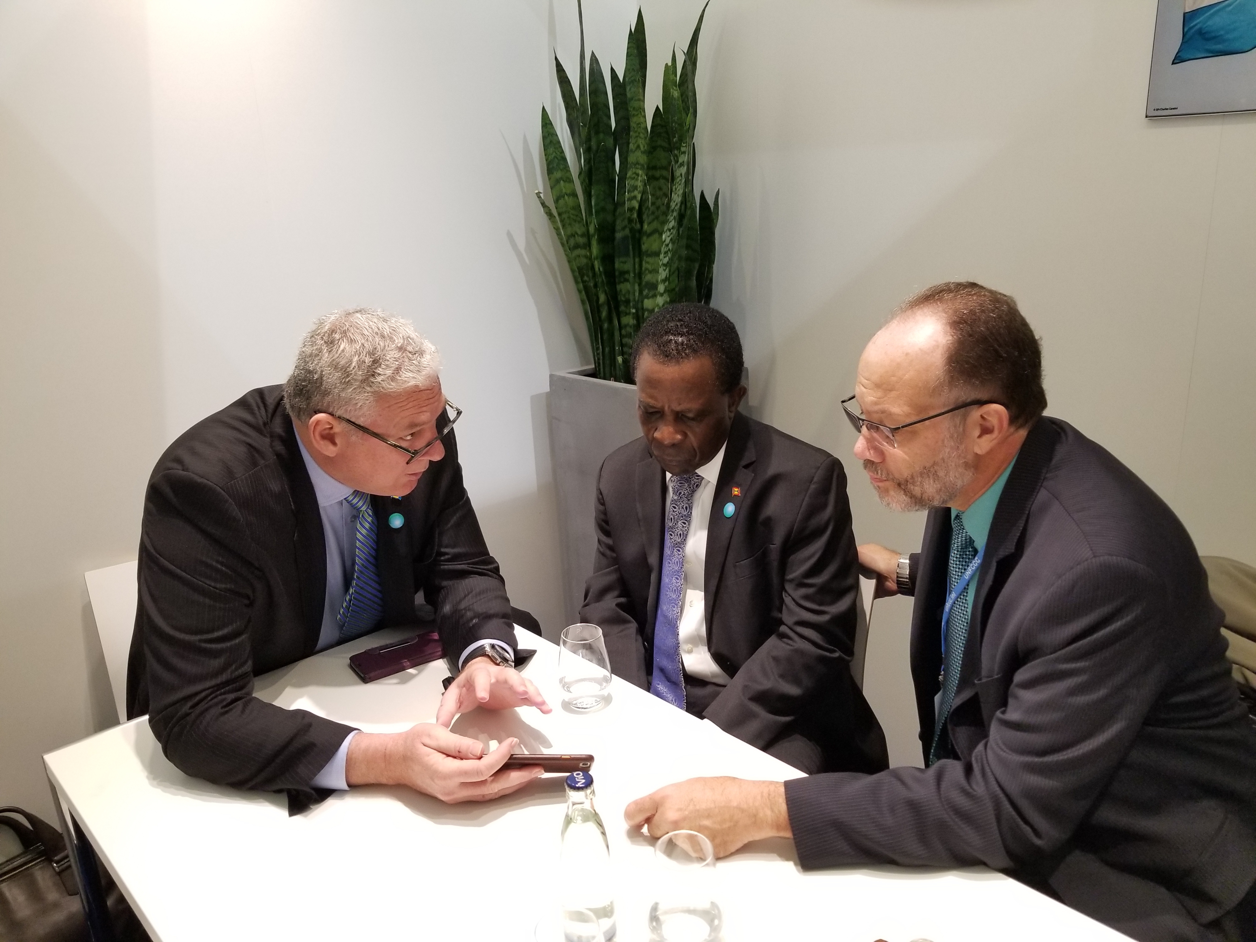 L-r: Hon. A. Chastanet, Prime Minister of  Saint Lucia;Hon. K. Mitchell, CARICOM Chair and Prime Minister of Grenada; Amb. I. LaRocque, CARICOM Secretary General
