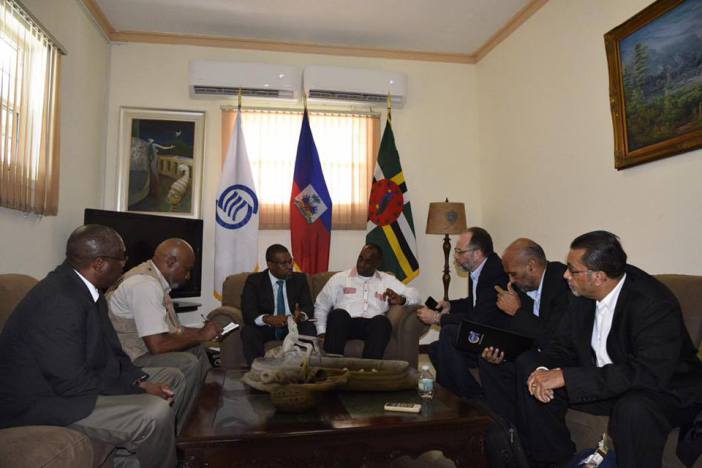 L-R: Dr. David Farrell, Principal of the Caribbean Institute for Meteorology and Hydrology (CIMH); Brigadier General (Ret&rsquo;d) Earl Arthurs, Emergency Operations Specialist, CDEMA; Mr. Ronald Jackson, Executive Director of CDEMA; Prime Minister o