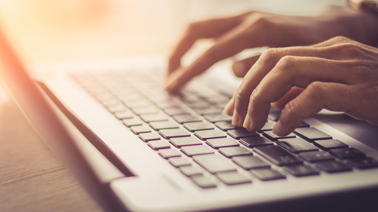 Laptop, Computer, Desktop PC, Human Hand, Office / soft focus picture / Vintage concept